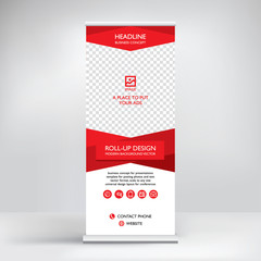 Wall Mural - Banner roll-up vector, red graphic template for the exhibition stand, for the conference, accommodation advertising information and photos. Business concept, vector background