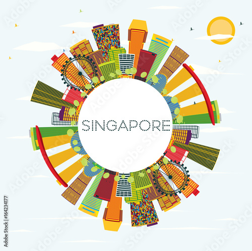 Photo Singapore Skyline with Color Buildings, Blue Sky and Copy Space.