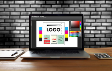 Aufkleber - Creative Designer Graphic at work. Color swatch samples, Illustrator Graphic designer working digital tablet and computer
