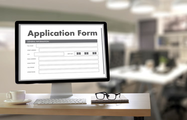 Poster - business man working on laptop computer use Online Web Job Application Form moniter