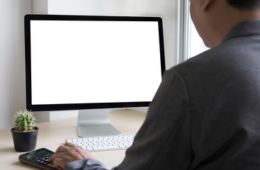 Poster - young man working businessman using a desktop computer of the blank screen