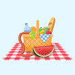 Basket for a picnic with fruit and various food. Vector illustration.