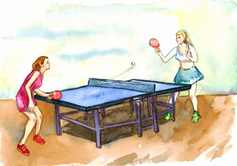 Two girls playing ping pong, hand painted watercolor illustration