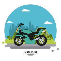 Poster - colorful poster of transport with motorcycle on background outskirts of the city in shape of sphere