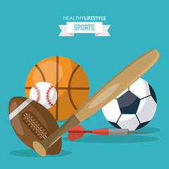 Sticker - colorful background of healthy lifestyle sports with balls of basketball football soccer baseball and dart