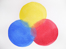 3 Primary Colors, Blue Red Yellow Watercolor Painting Circle Round On White Paper Texture Background