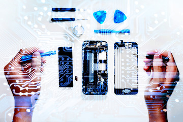 The smartphone was damages and need to repair  which tools smartphone that stand isolated on white background by hands of repairman.