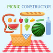 Picnic constructor. Basket for a picnic with fruit and various food. Vector illustration.