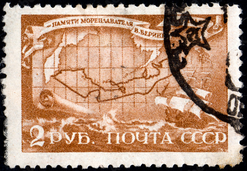 Poster UKRAINE - CIRCA 2017: A postage stamp printed in USSR shows Death Bicentenary of Vitus Bering