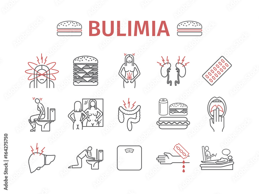 Bulimia. Symptoms, Treatment. Line icons set. Vector signs - obrazy, fototapety, plakaty 