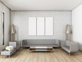 Modern Living room White Brick with 3 frames