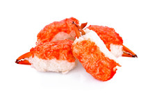 Pile Of Fried Breaded Surimi Crab Claws, In Perspective, Isolated On White.