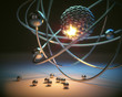 3D illustration. Concept image of a nuclear atomic model with nuclear fusion.