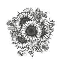 Sunflower Bouquet. Sunflower And Farm Elements Round Composition. Vector Illustration