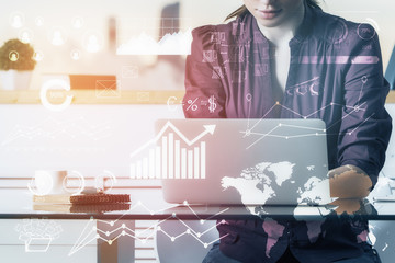 Aufkleber - Attractive woman using laptop with accounting hologram
