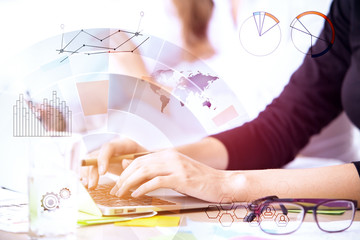 Poster - Girl using laptop with accounting hologram