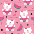 seamless cute cat with melon pattern vector illustration
