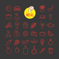 Poster - Different meal icons vector collection. Web and mobile app outline icons set on dark background