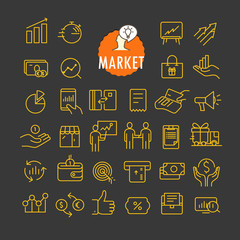 Aufkleber - Different marketing icons vector collection. Web and mobile app outline icons set on dark background