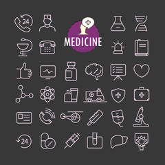 Poster - Different medicine icons vector collection. Web and mobile app outline icons set on dark background