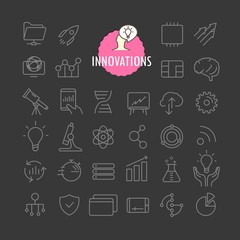 Aufkleber - Different innovation icons vector collection. Web and mobile app outline icons set on dark background