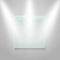 Wall Mural - Glass board illuminated on the wall. Vector mockup