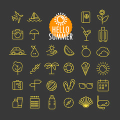 Poster - Different summer icons vector collection. Web and mobile app outline icons set on dark background