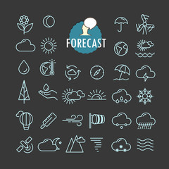 Poster - Different forecast icons vector collection. Web and mobile app outline icons set on dark background