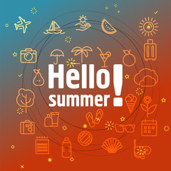 Poster - Hello summer concept. Different thin line icons included