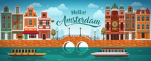Flat Amsterdam Panorama Holland, River Sea Canal Channel Bridge Boat Embankment Bicycle Multi Color Street.