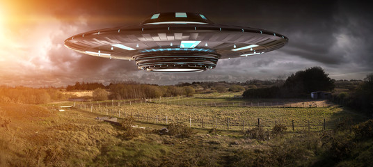 Poster - UFO invasion on planet earth landascape 3D rendering