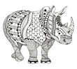 Rhino zentangle stylized, vector illustration, freehand pencil, doodle, black and white, pattern, hand drawn. Coloring book for adults. Anti stress.