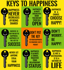Set of motivational quotes about happiness with picture key. Simple note design typography poster.