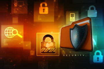 Poster - laptop folder with shield. Isolated 3d rendering image