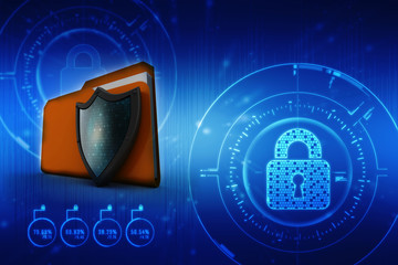 Poster - laptop folder with shield. Isolated 3d rendering image