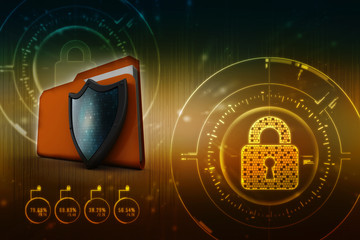 Poster - laptop folder with shield. Isolated 3d rendering image