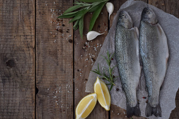 Two river trout on a board, with herbs, spices, lemon and pepper on wooden board, ready for cooking. Fresh fish