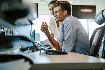 Business professionals looking at computer monitor