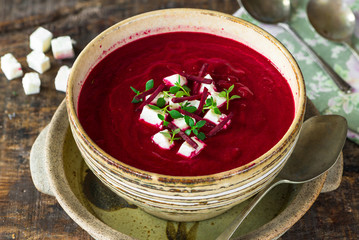 Canvas Print - Beetroot soup with feta cheese and fresh thyme