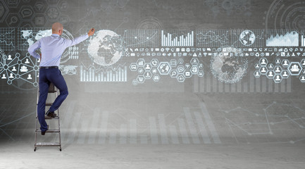 Poster - Businessman using graph screens interface on a wall 3D rendering