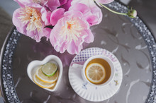 Bouquet Of Peonies, Tea With Lemon, Photo In Gentle Colors. Good Morning. Have A Nice Day! Place For Text

