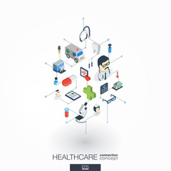 Wall Mural - Healthcare, integrated 3d web icons. Digital network isometric interact concept. Connected graphic design dot and line system. Abstract background for medicine and medical service. Vector on white.