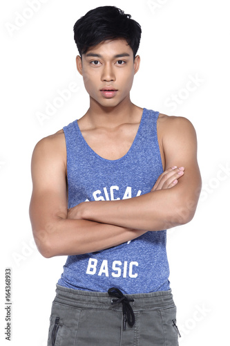 Tan Skin Asian Black Hair Handsom Muscle Good Looking Man In Blue