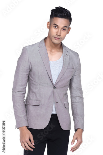 Tan Skin Asian Black Hair Handsom Muscle Good Looking Man In Gray