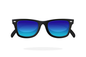 Modern sunglasses with black plastic-framed frames and blue mirror lenses. Vector illustration in cartoon style. Summer accessory. Eyewear for protection from sun beam 