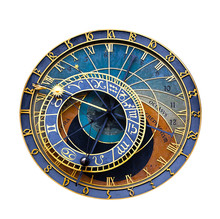 Old Astronomical Clock Isolated On White. Prague Astronomical Clock At The Old Town City Hall From 1410 Is The Third Oldest Astronomical Clock In The World