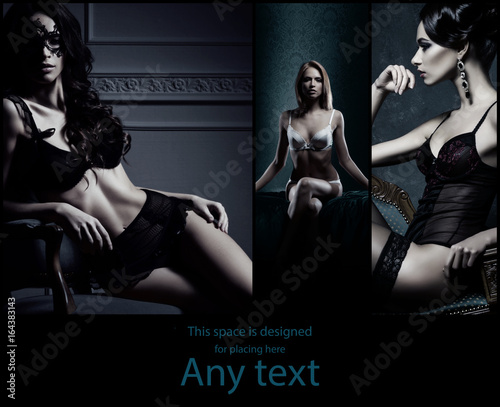Plakat Zestaw seksownych, pięknych i młodych kobiet w luksusowej bielizny. Koncepcja mody.