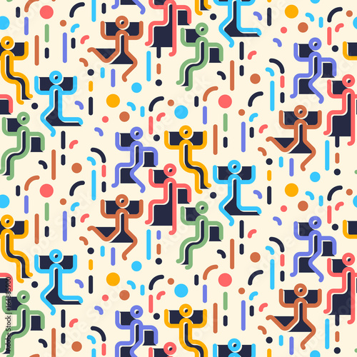 Plakat na zamówienie Geometric abstract seamless pattern. People dancing party. Simple motif background. Colorful decoration design