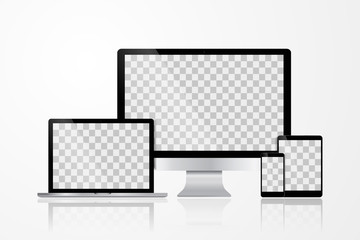 Realistic Computer, Laptop, Tablet and Mobile Phone with White Wallpaper Screen Isolated. Set of Device Mockup Separate Groups and Layers. Easily Editable Vector.