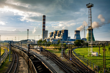 Panorama of a thermal power station. Cooling tower, turbine, generator.